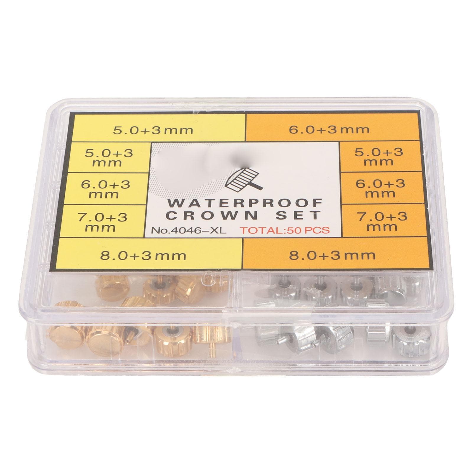 50 Pcs Watch Crown Parts Stainless Steel Gold Silver Black Replacement Watch Repairing Crowns Kit