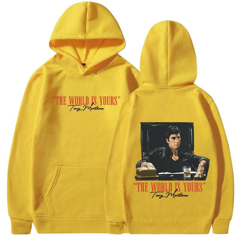 Classic Scarface Movie Hoodies For Men And Women Vintage Gothic Pullover Oversized Sweatshirts The World Is Yours Tony Montana XXXL yellow