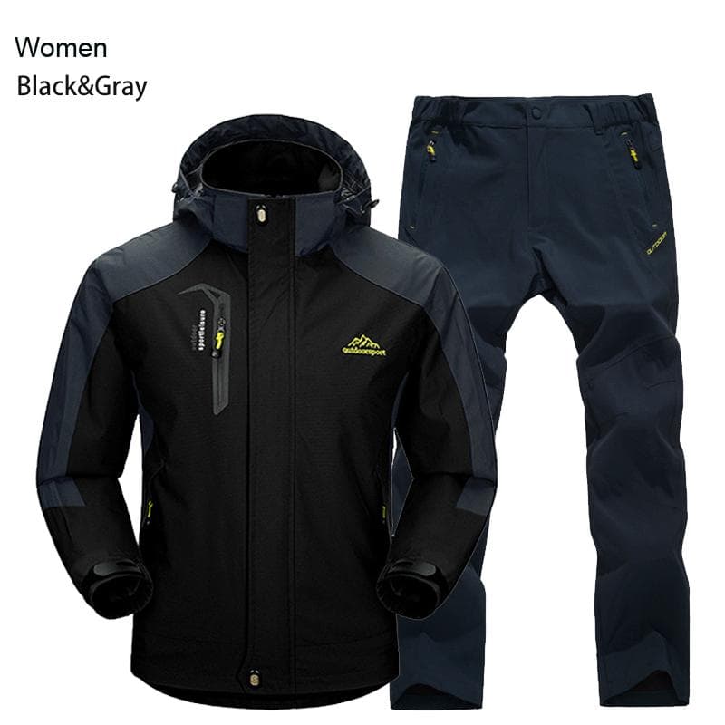 Women Jacket Pants Hiking Set Camping Spring Autumn Outdoor Waterproof 20000MM Windbreak Suit Trekking Coat Trousers 3XL black gray