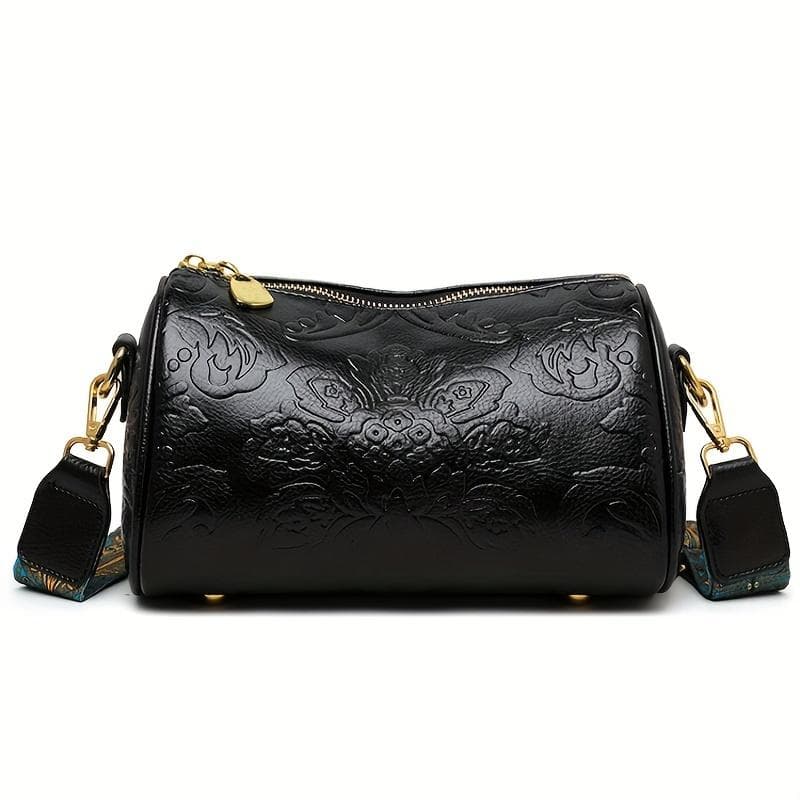 Ethnic Flower Embossed Crossbody Bag, Vintage Cylinder Bag For Women, Fashion Shoulder Purse With Wide Strap black