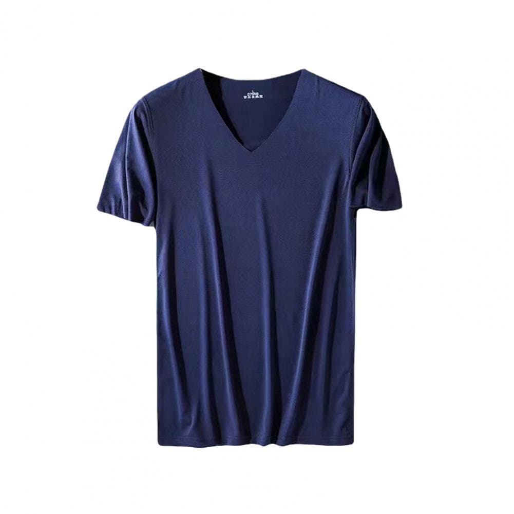 Men Summer T-shirt V Neck Thin Ice Silk Solid Color Thin Stretchy Pullover Mid Length Sweat Absorption Quick-drying Sport Fitnes M navy blue