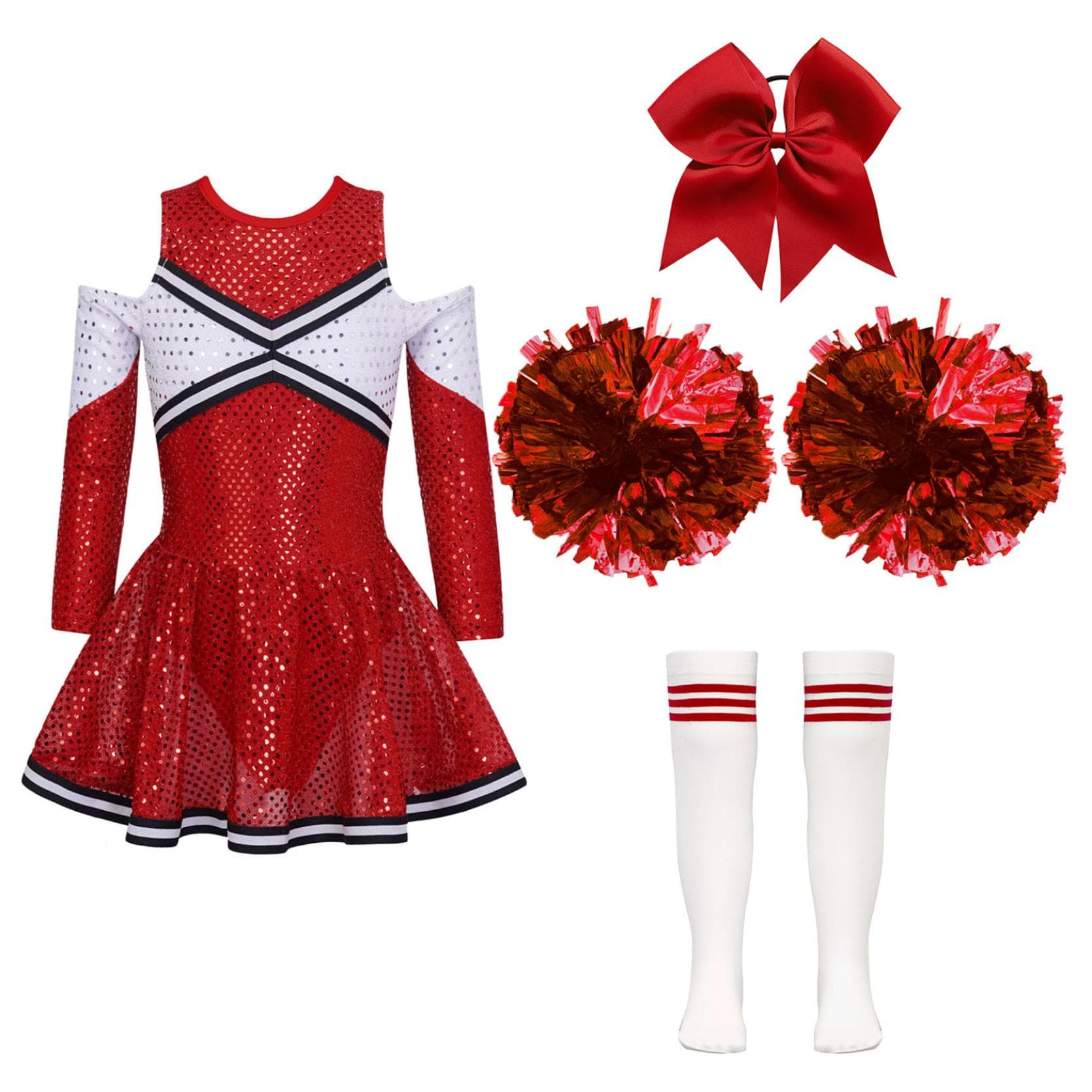 Cheerleading Costume for Girls Cheer Leader Sequins Long Sleeve Dress Set with Pom Poms Halloween Birthday Party 9-10 Years