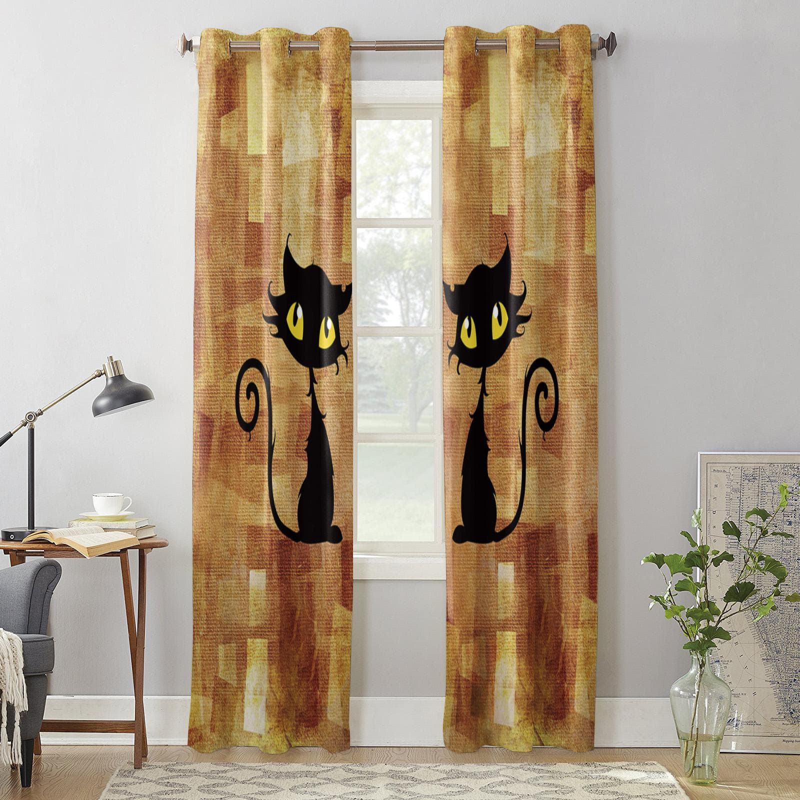 Window Curtains for Living Room Abstract Retro Background With Cats Curtains for Child Bedroom Kitchen Decor Blinds Drapes 135W x 60H(cm) x1