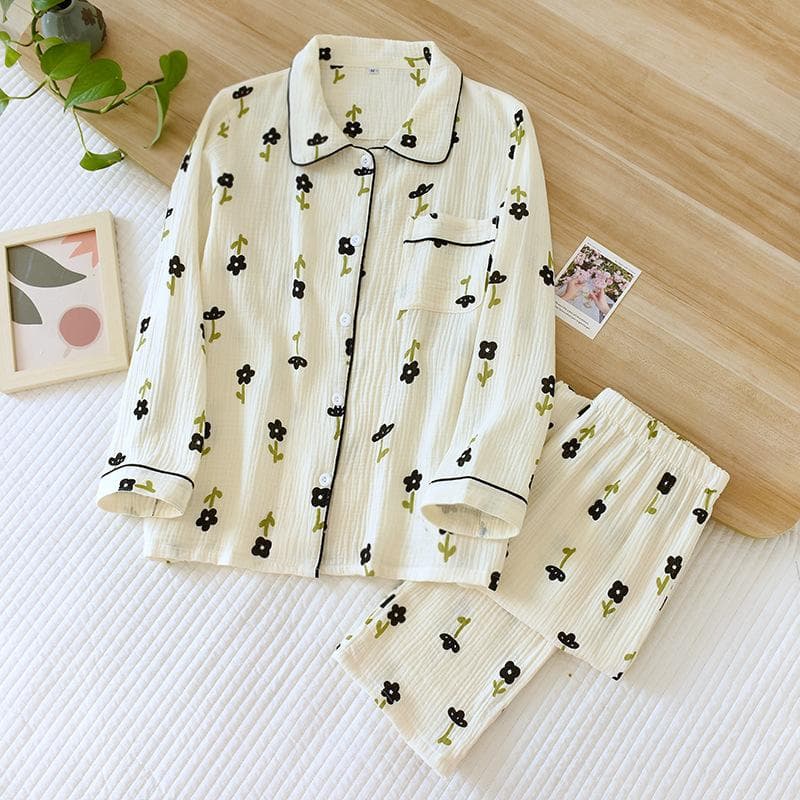 Spring and Autumn New Women's Pajama Set 100% Cotton Crepe Fresh Sweet Long Sleeve Pants Two Piece Home Suit XL