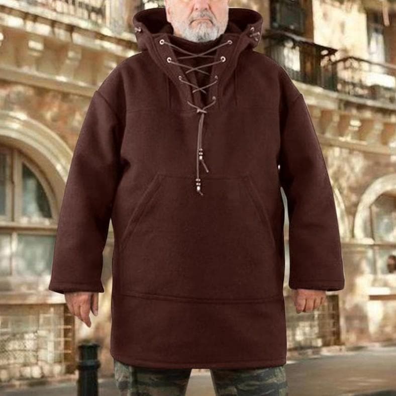 Men Fashion Warm Wool Hoodie Pullover Viking Lace Up Thicken Anorak Medieval Coats Cosplay Costume M coffee