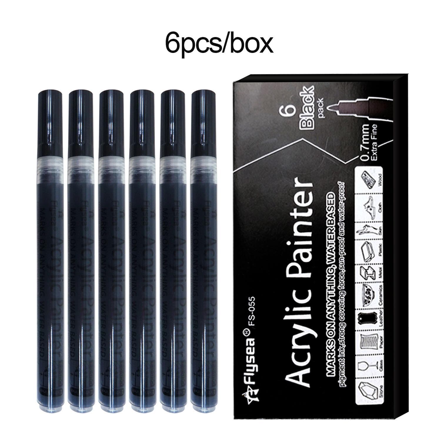 6Pcs/set Black Acrylic Paint Pen For Rock Painting Stone Ceramic Glass Wood Tire Fabric Metal Canvas Graffiti Pen black