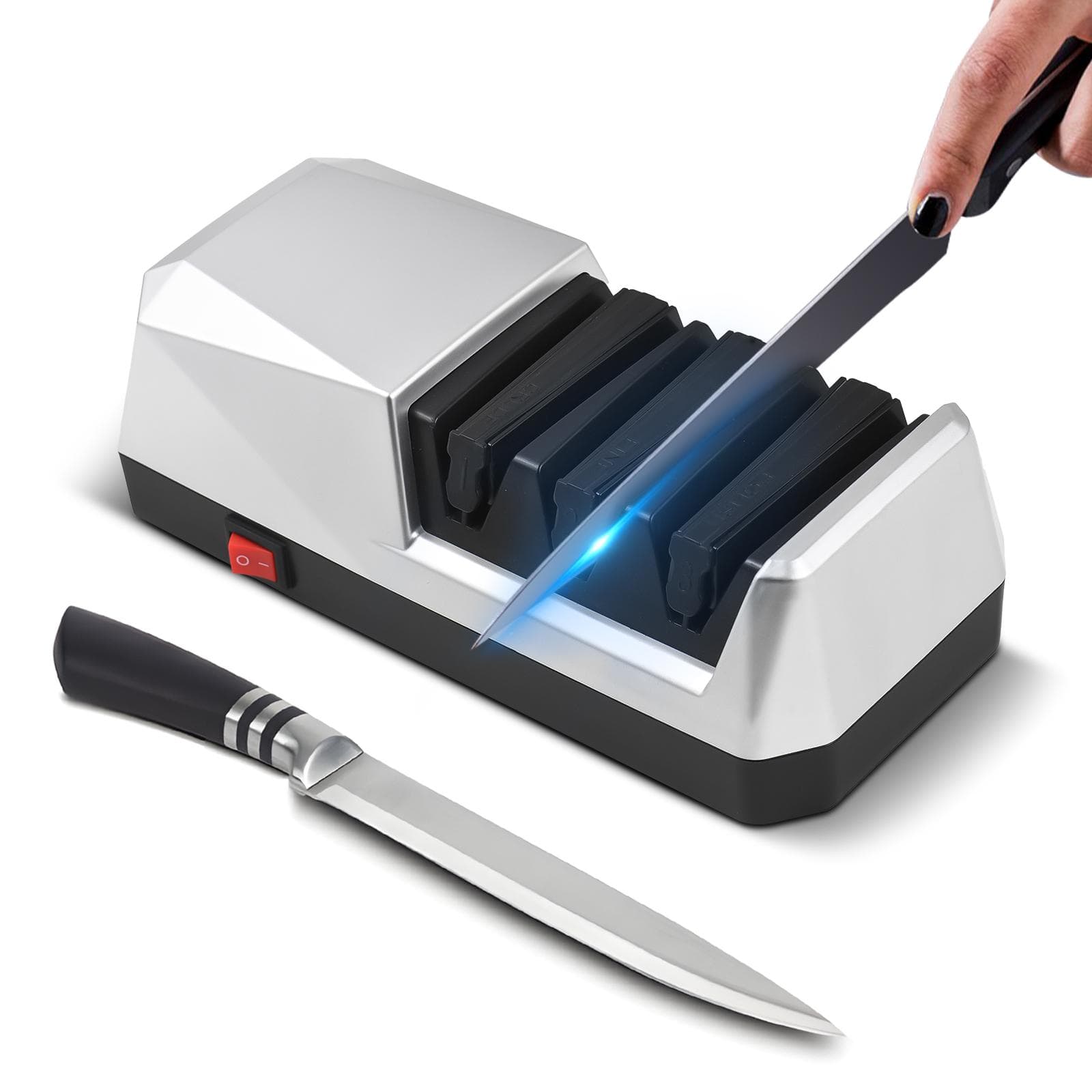 Electric Knife Sharpener Multifunctional 3-Stage Slots Kitchen Knives Sharpening System with US Plug E003R grey/black