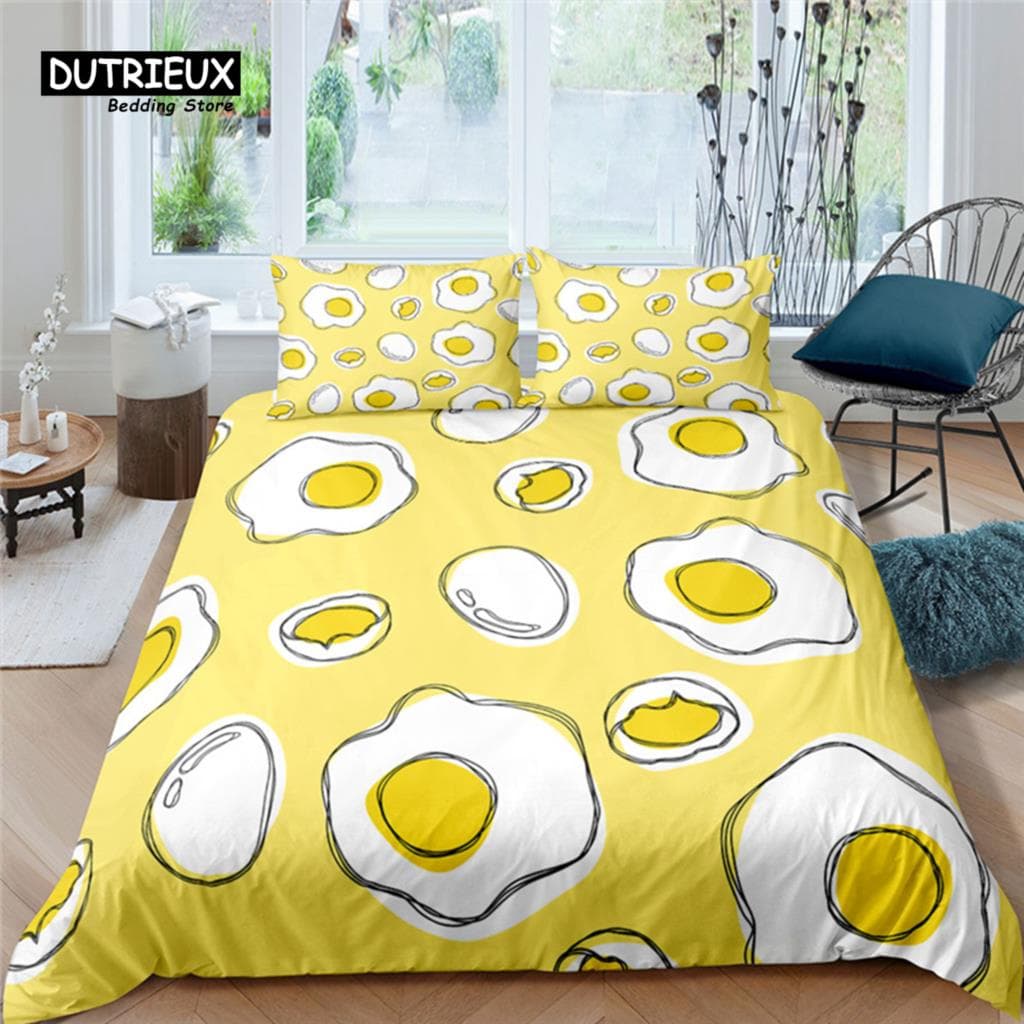 Luxury 3D Fried Egg Print Home Living Comfortable Duvet Cover Pillowcase Kid Bedding Set Queen and King EU/US/AU/UK Size US King(264x228cm)