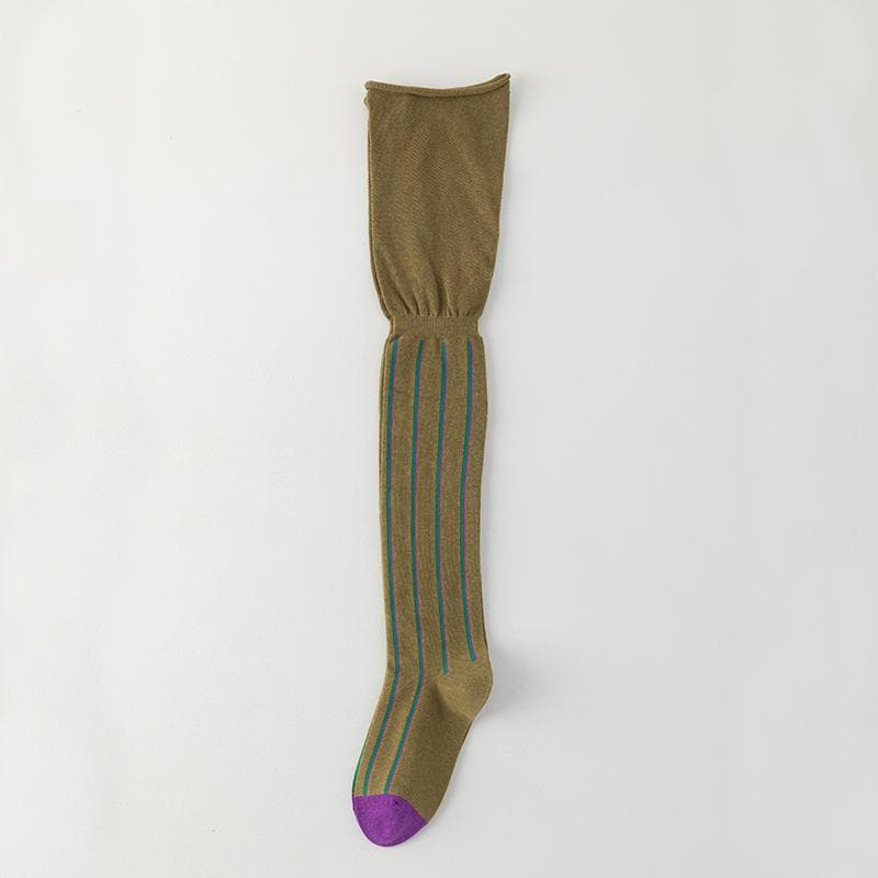 Autumn/Winter Women's Socks With Thigh High Socks Vertical Stripes Loose Mouth Fashion Cotton Knee Length Stockings green