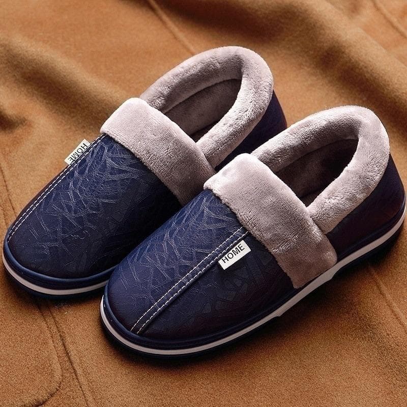 New Men's Winter Home Slippers Autumn Non Slip Indoor Shoes for Man Leather House Shoes Waterproof Warm Slippers 46-47 navy blue