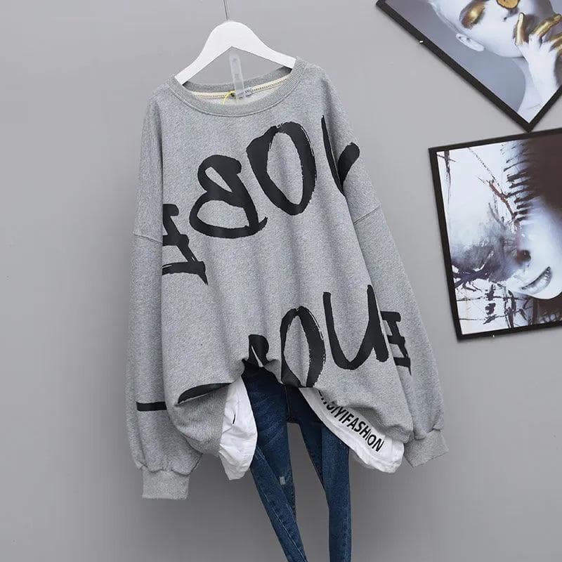 Cotton Sweatshirts for Women Long Oversized Pullover Sweatshirt Long Sleeve Loose jumpers Fake Two Pieces Sweatshirts Top XL grey