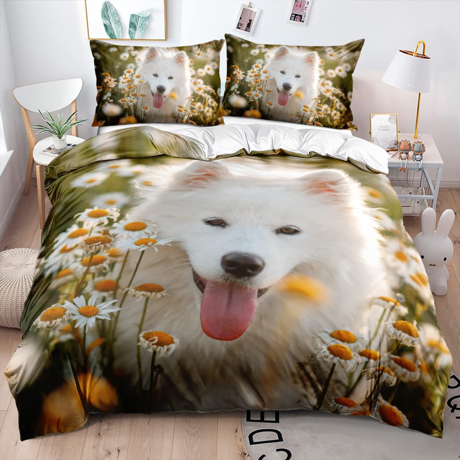Samoyed Dog Duvet Cover King Queen Size Lovely Smile Pet Puppy Bedding Set Adults Women Cute White Animal Polyester Quilt Cover 140x200cm 3pcs