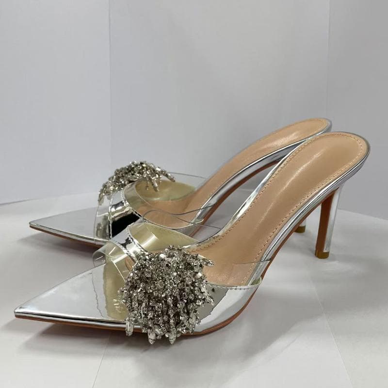 Liyke Sexy 8.5CM Thin High Heels Modern Slippers Women Crystal Rhinestone Summer Party Banquet Shoes Ladies Transparent Sandals 34 silver