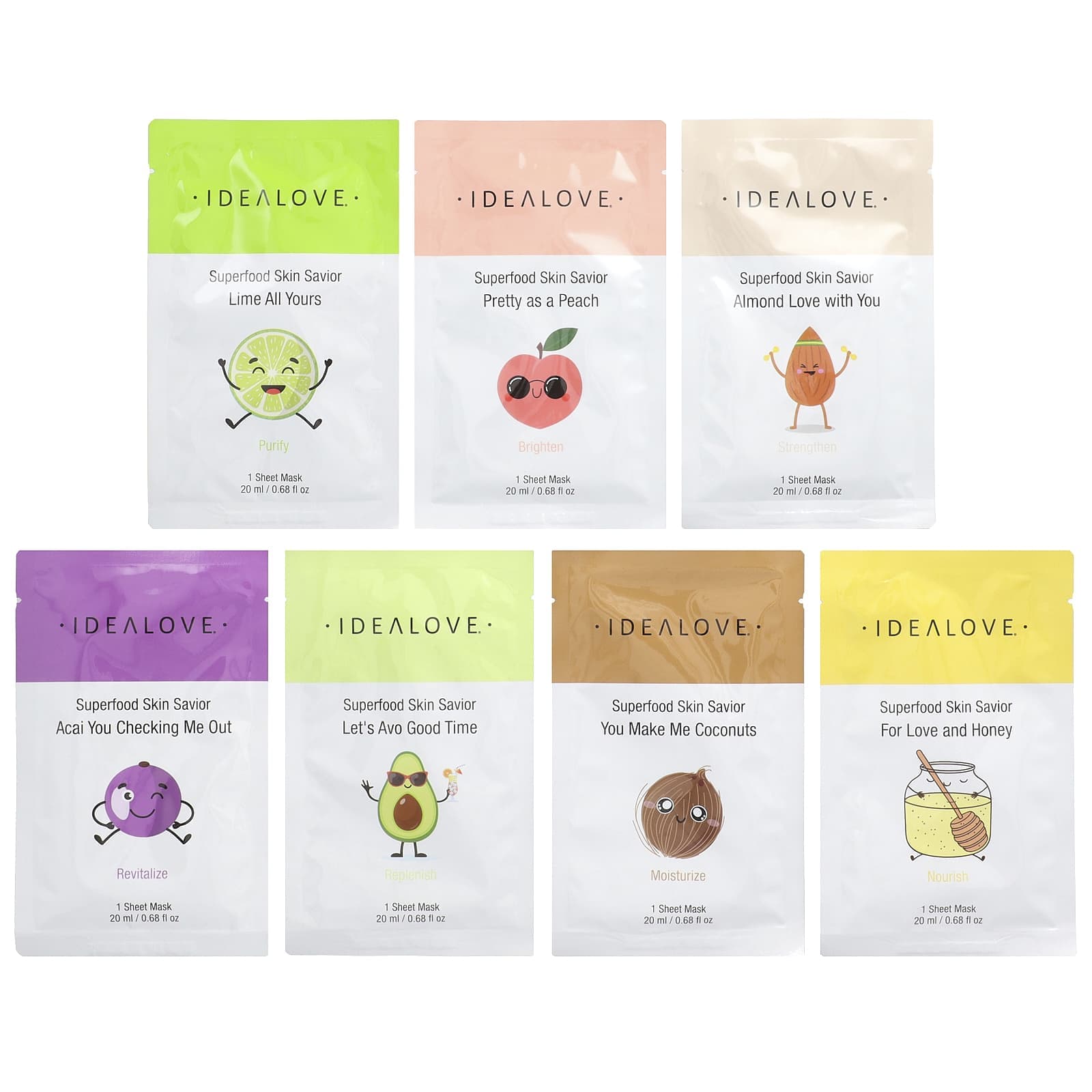 Idealove, Superfood Skin Savior Variety Pack, 7 Beauty Sheet Masks, 20ml (0.68fl oz) each