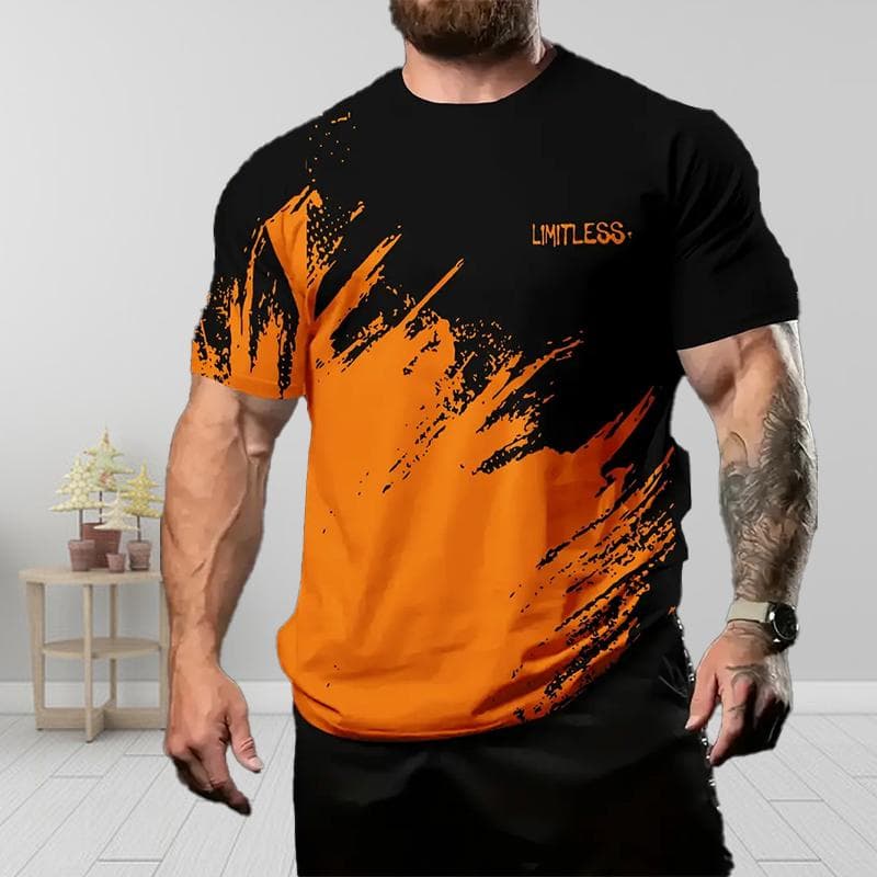 New Summer Men's Fashion T-shirt Personality Color Collision Printed Men's T-shirt Top M orange