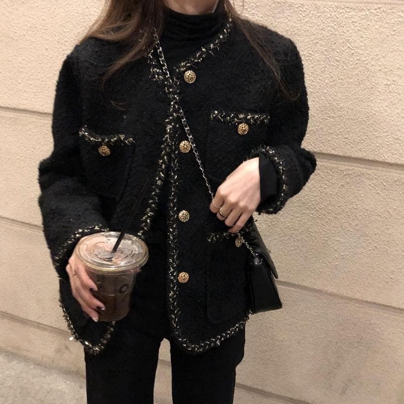 Loose Temperament Woolen Xiaoxiangfeng Short Coat XL black