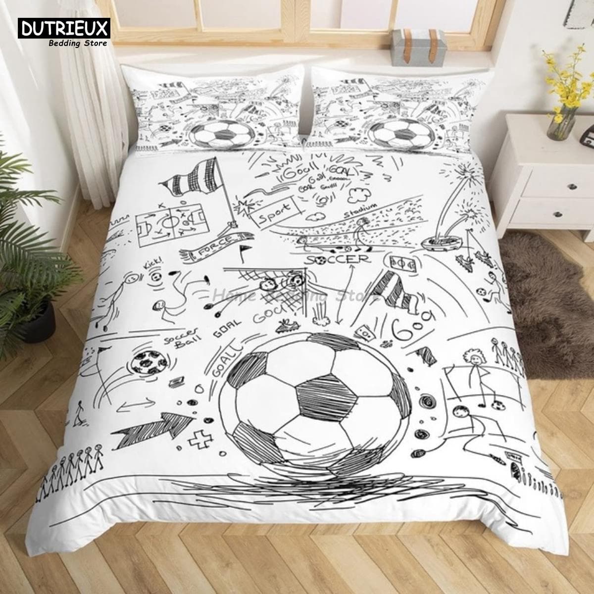 White Black Football Bedding Set Ball Sports Bed Linen Double Queen King Twin Full Size Boys Teens Soccer Duvet Cover Set Gifts AU Queen(210x210cm)
