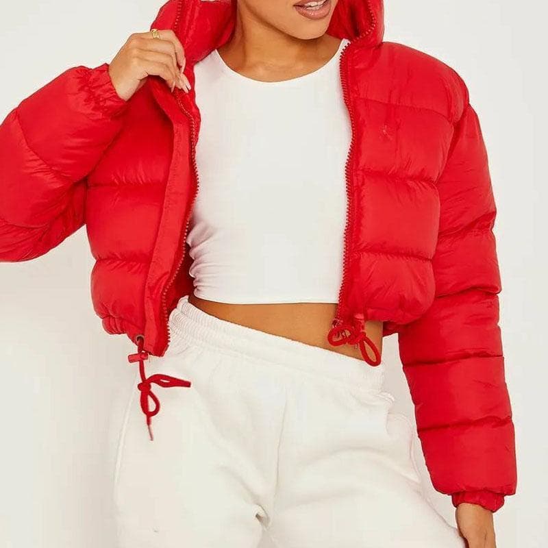 Winter Warm Stand Collar Long Sleeve Zipper Short Cotton Padded Jackets S red