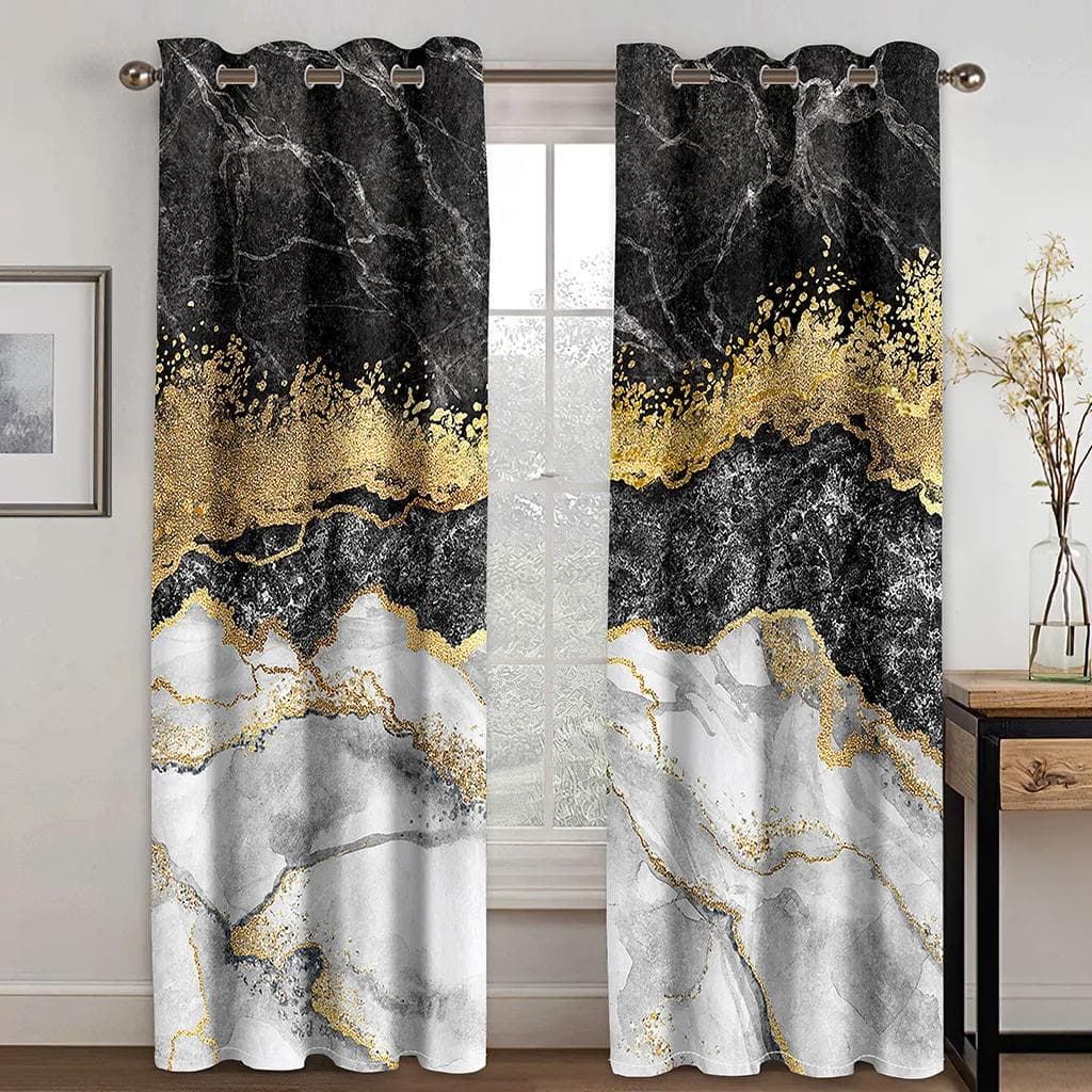 3D Marble Print Black&Gold Blackout Curtain High Shading Window Curtains for Living Room Luxury Bedroom Decor Drapes New Style W55 X H120cm X 2&Grommet Top