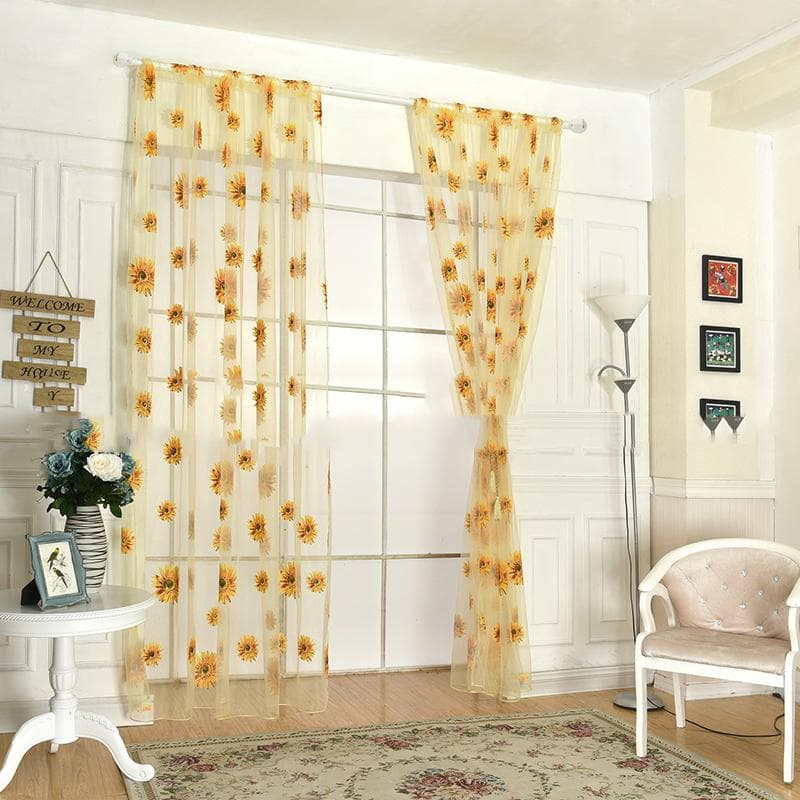 Sunflower Pattern Curtain Home Decoration Polyester Fibre Window Tulle Curtain Flower Organza 100x200cm/39.37x78.74in yellow