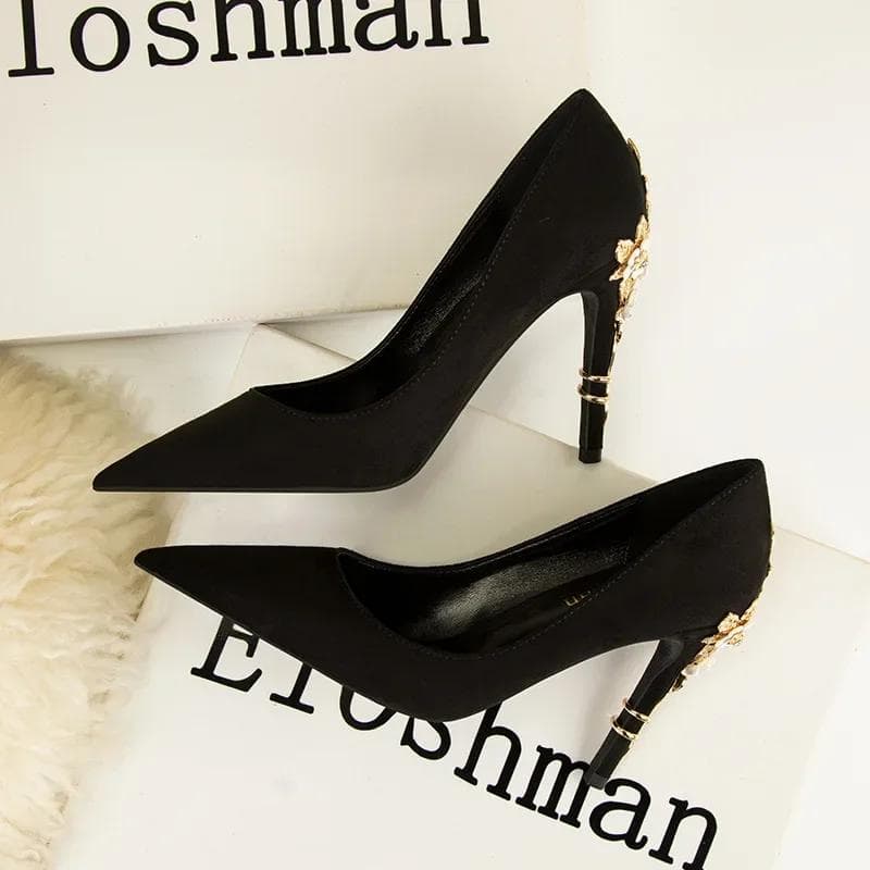 High End Metal Flower High Heels New European American Fashion Luxury Sexy Pointed Women's Shoes Banquet Party Casual Shoes 37 black