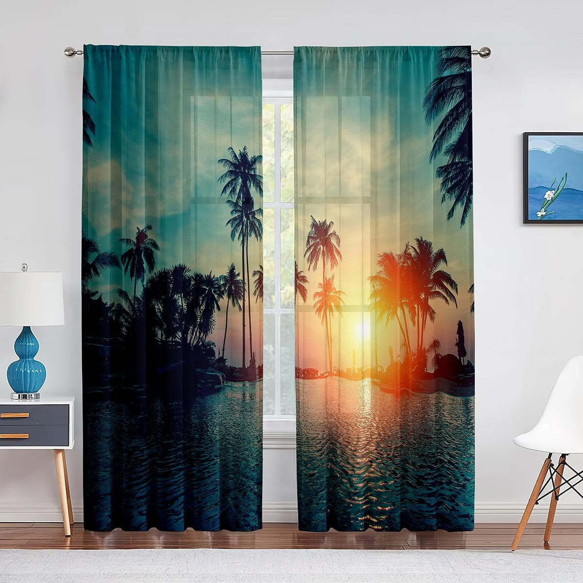 Tropical Coastal Palm Trees Summer Ocean Landscape Tulle Curtains for Living Room Chiffon Sheer Voile Kitchen Bedroom Curtain 1 PCS W100XH250cm&Grommet Top