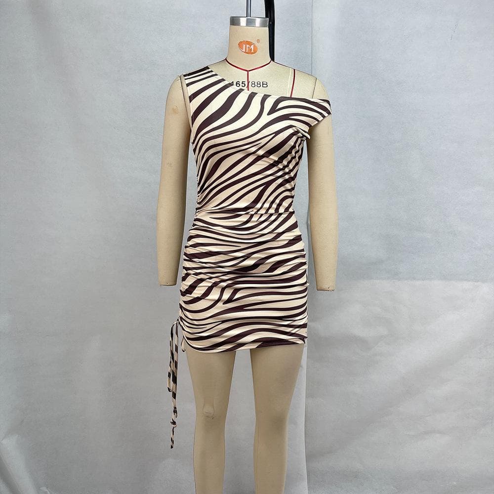Women's Clothing, Round Neck Sleeveless Waist Pleated Drawstring Zebra Pattern Printed Hip-pack Dress for Women L