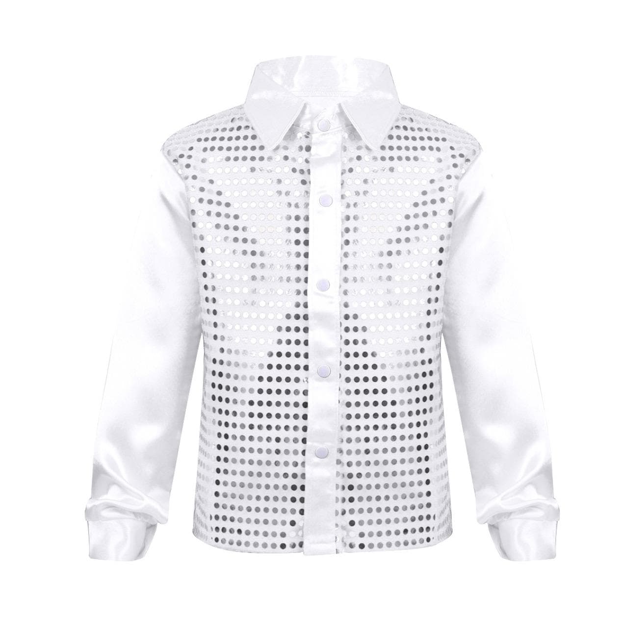 Kids Teens Boys Sequined Long Sleeve Shirt Hip Hop Jazz Disco Dance Shirt Tops Performance Costumes 10-12 Years white