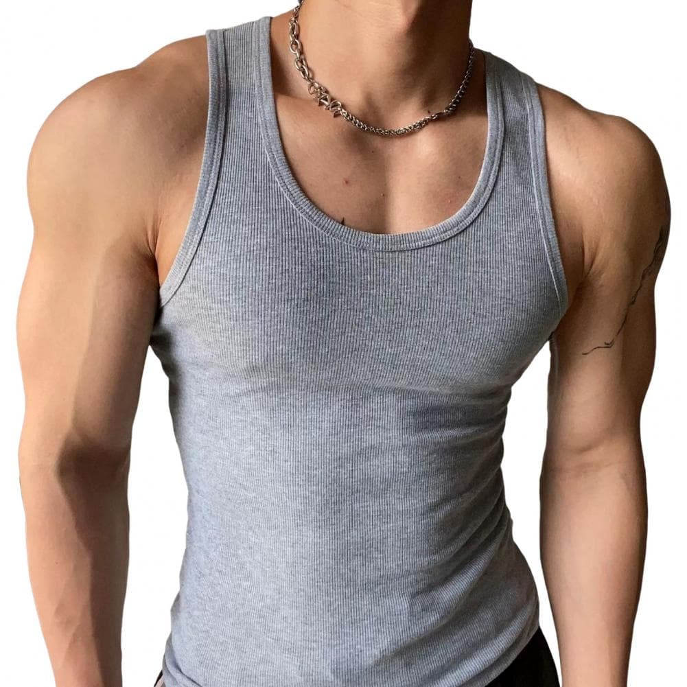Men's Vest Solid Color O-neck Sleeveless Fitness Tank Tops Breathable Casual Streetwear Summer Leisure Clothing for Sports Trave L light grey