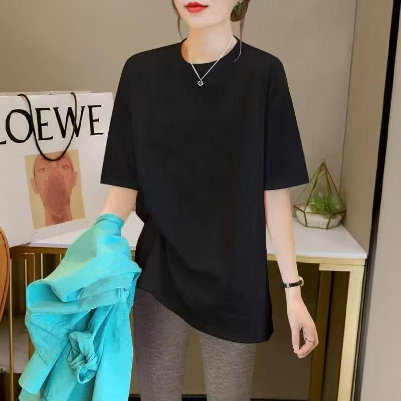 Cotton Short-sleeved T-shirt Summer Korean Version Loose Casual Medium and Long Fashion Versatile Half-sleeved Large-size Top S