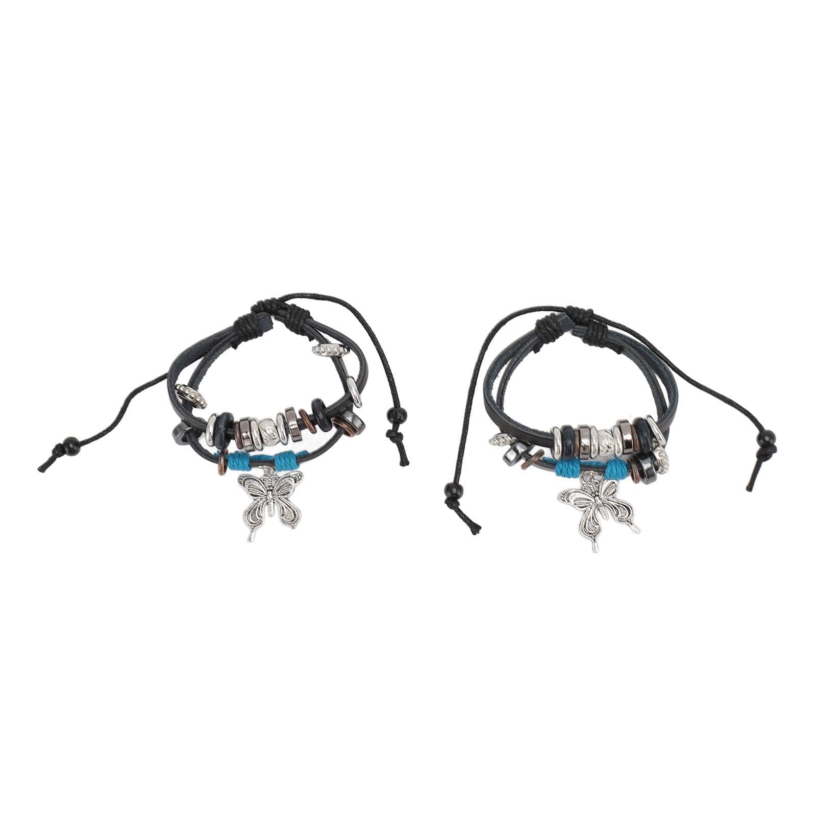 2pcs PU Leather Bracelet Fashion Woven Cuff Bracelets with Alloy Pendant for Men Women