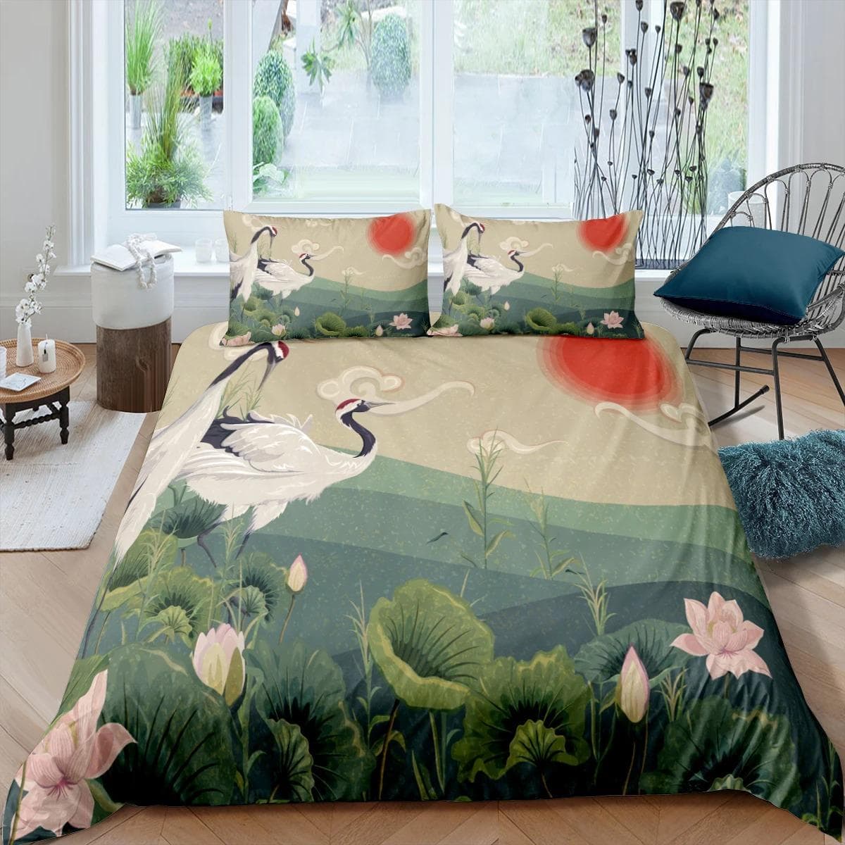 Japanese Crane Duvet Cover King Queen Size Wave Flower Ukiyo-e Style Bedding Set Eastern Culture 23pcs Polyester Quilt Cover US Twin 172x218cm
