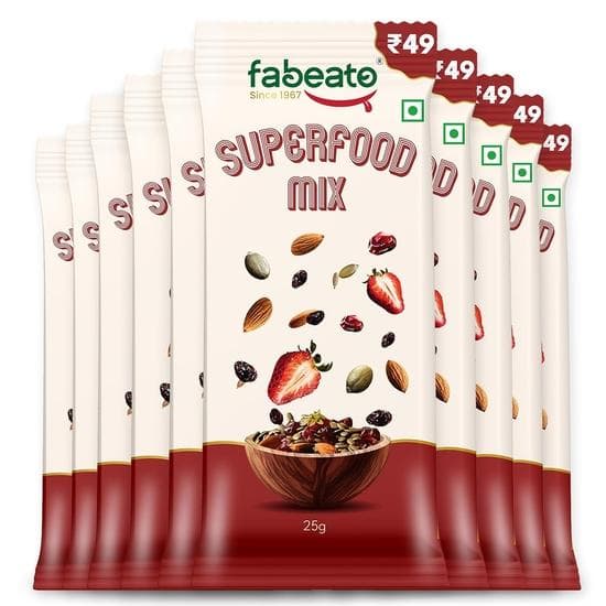 Fabeato Munch on the Go Snack Premium Superfood Mix |Nuts, Dry Fruits, Seeds and Berries | Each Pouch 25g | Pack of 10