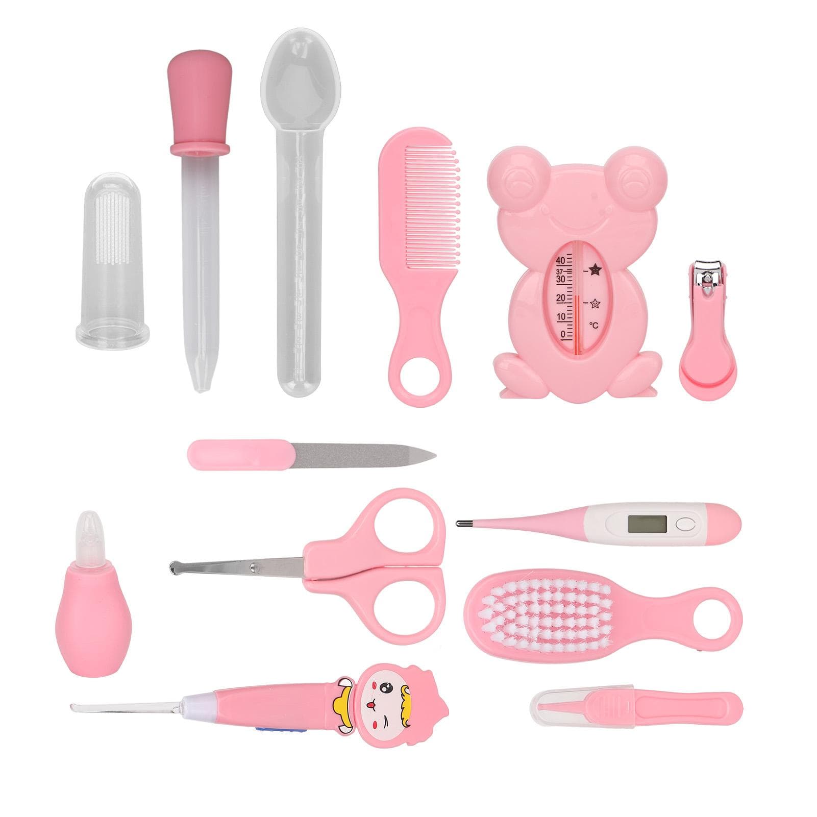 Baby Healthcare Kit Scissors Nail Clippers Tweezers Feeding Spoon Thermometer Comb Infants Grooming pink