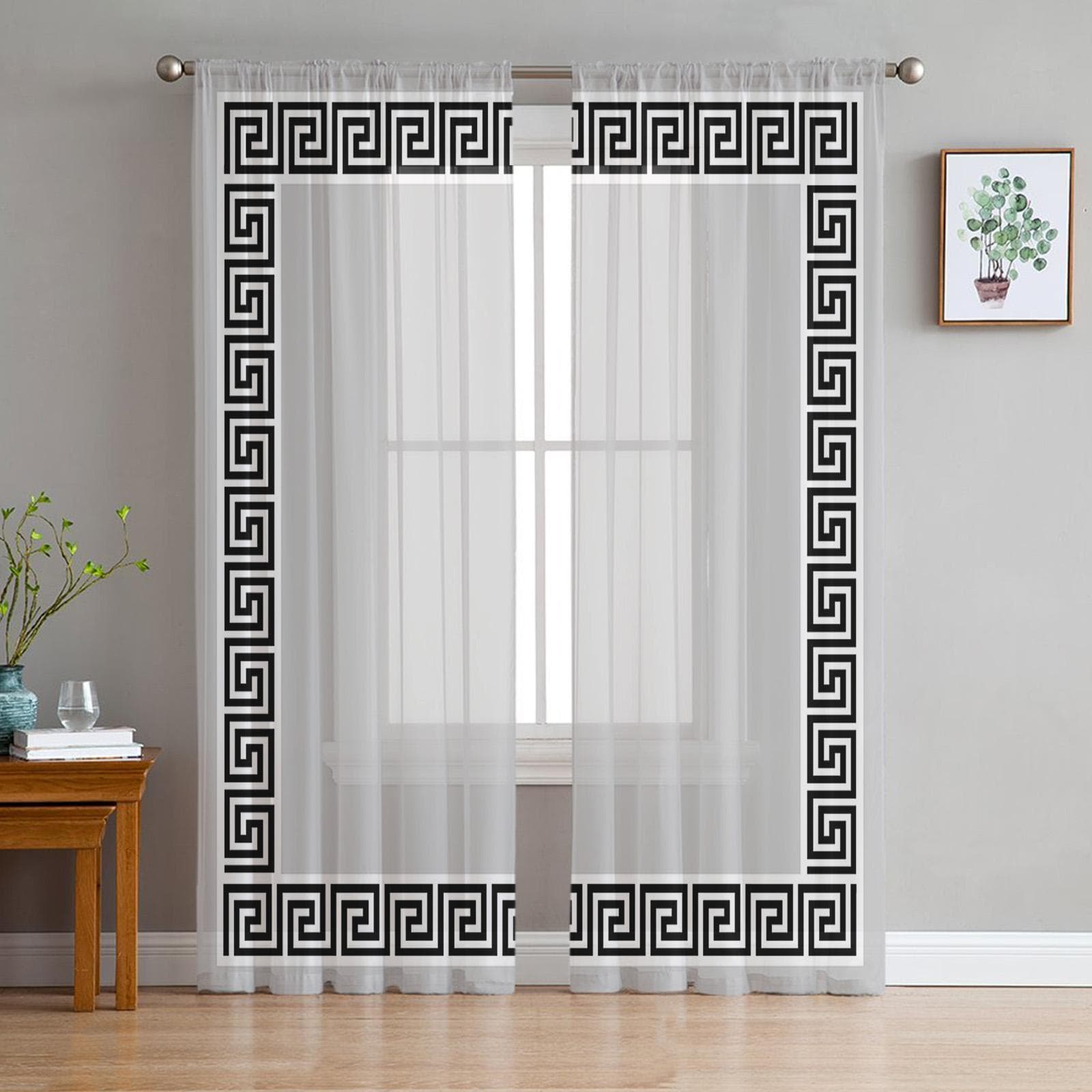 Red Geometric Greek Key Pattern Voile Sheer Curtains Living Room Window Chiffon Tulle Curtain Kitchen Bedroom Drapes Home Decor 135W x 137H(cm)