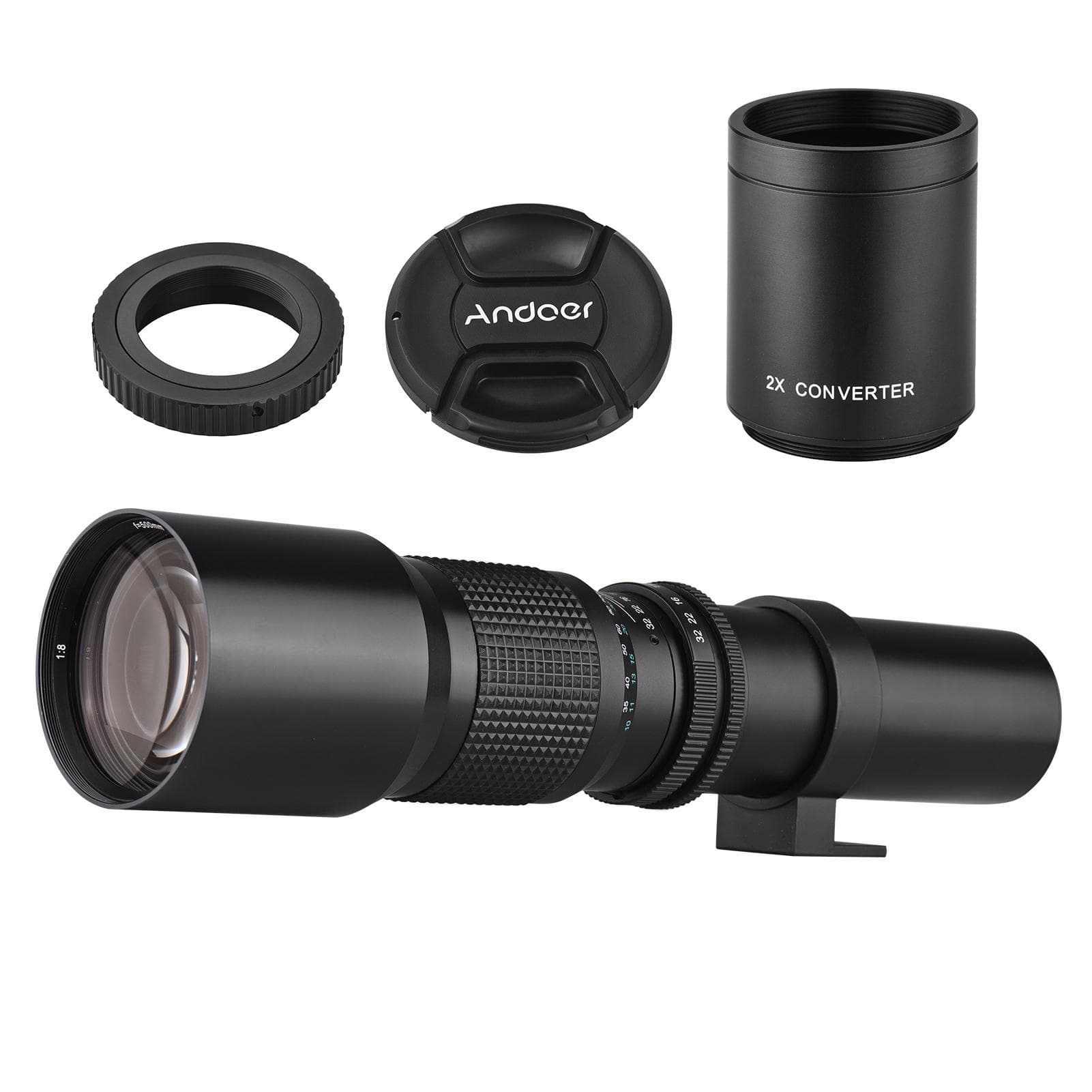 Andoer 500mm/ 1000mm f/8 Manual Focus Camera High Power Telephoto Lens with 2X Converter Lens Cover black