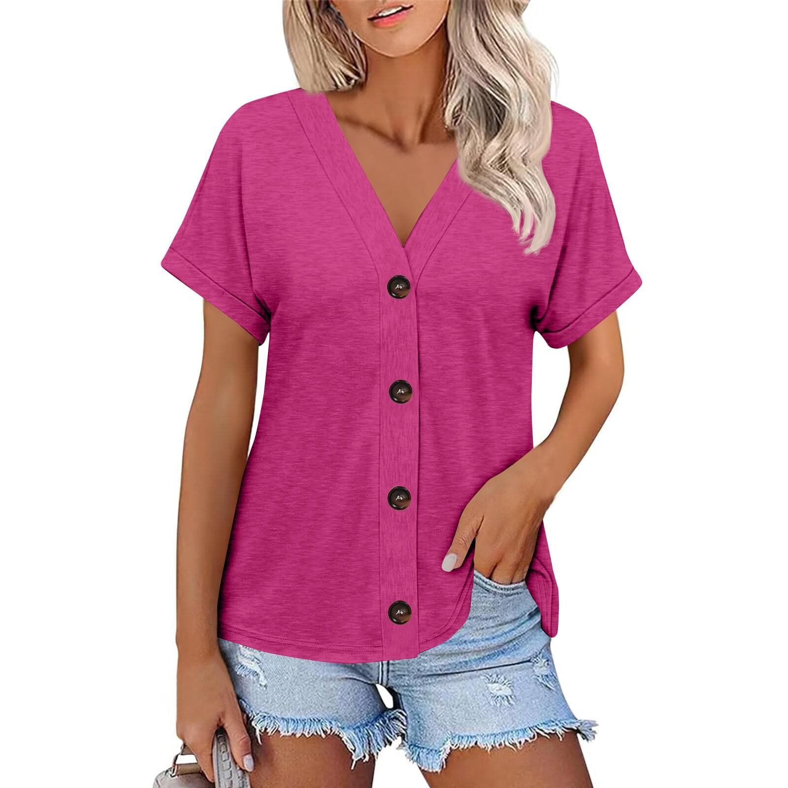Women's Fashion Short-sleeved V-neck Solid Color Top Casual Button T-shirt L