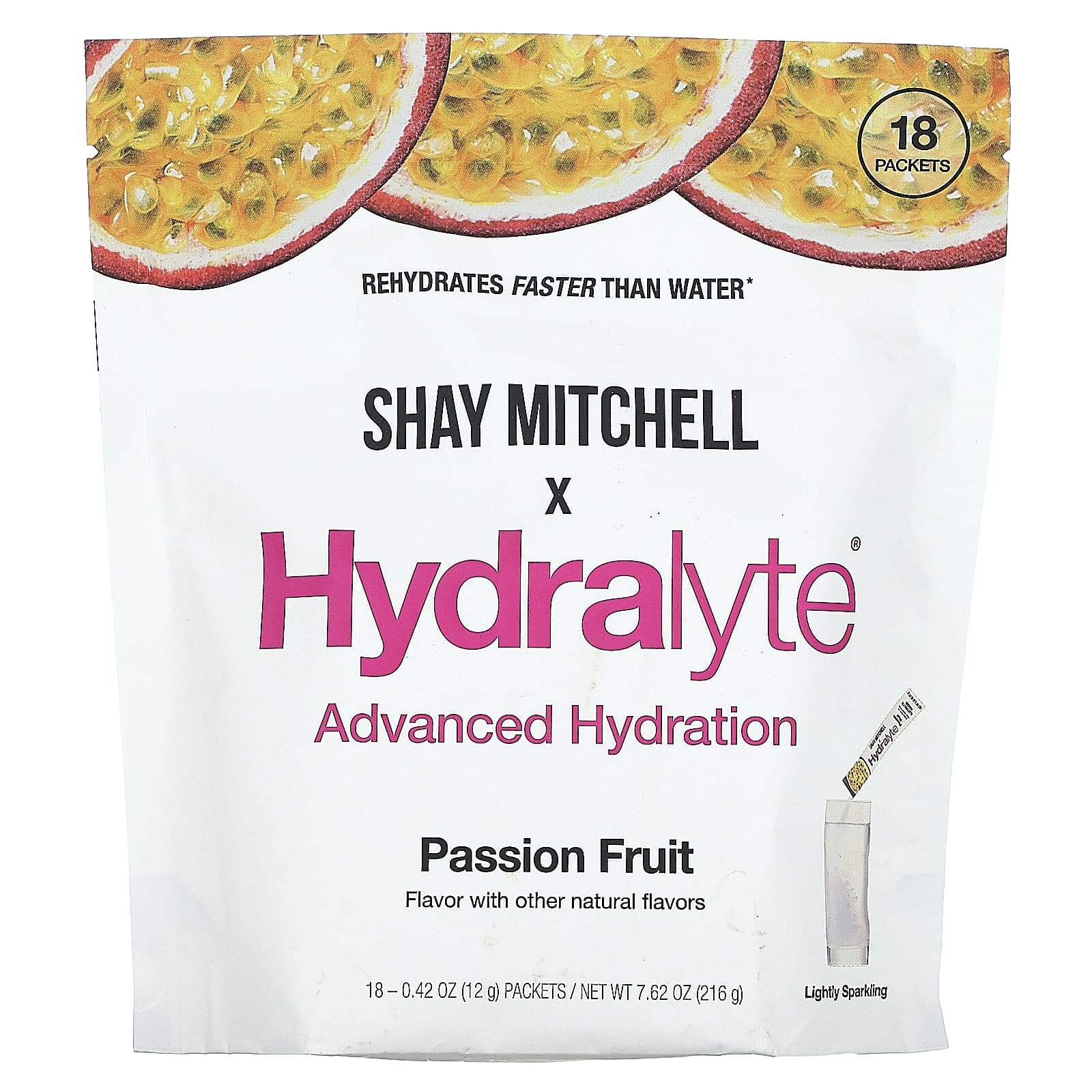 Hydralyte, Shay Mitchell, powerful hydration, passion fruit, 18 packs, 12 g (0.42 oz) each