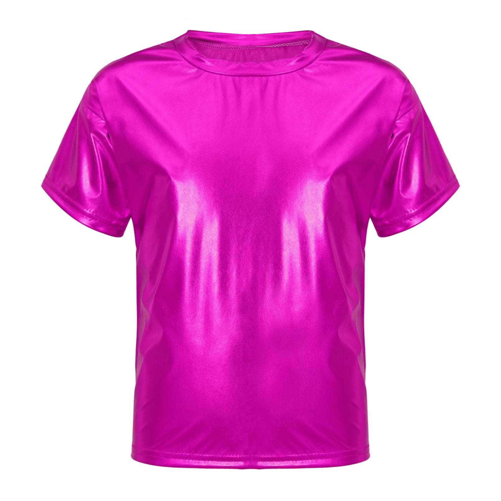 Kids Boys Girls Shiny Metallic Short Sleeve T-Shirts Dance Performance Tops Party Sparkly Outfits 17-18 Years hot pink