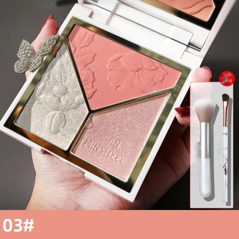 3 In 1 Highlighter Powder Palette Face High Gloss Shimmer Powder Highlighting repair disk flash powder matte nose shadow blush 03 & two brushes