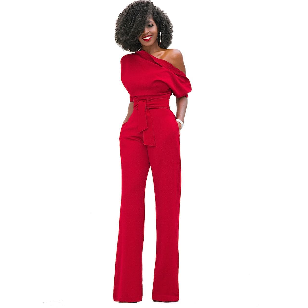 7 Color Women's Fashion Solid Color Slanted Collar Button-up Jumpsuit Wide-leg Pants XXL
