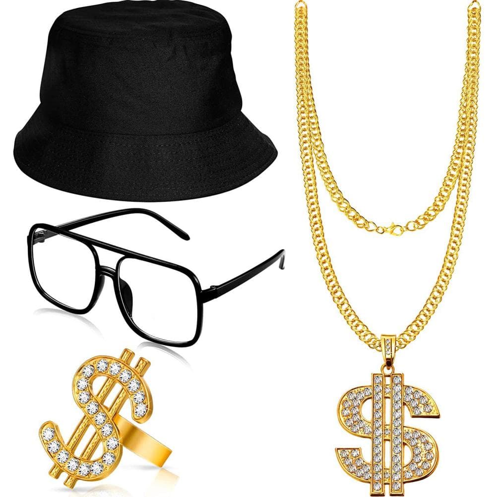 4Pcs Hip Hop Costume Kit Bucket Hat Sunglasses Dollar Sign Chain Ring Rapper Accessories Cool Look