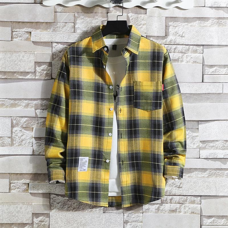 Plaid Men's Long-Sleeve Shirt - Trendy Korean Hong Kong Style L