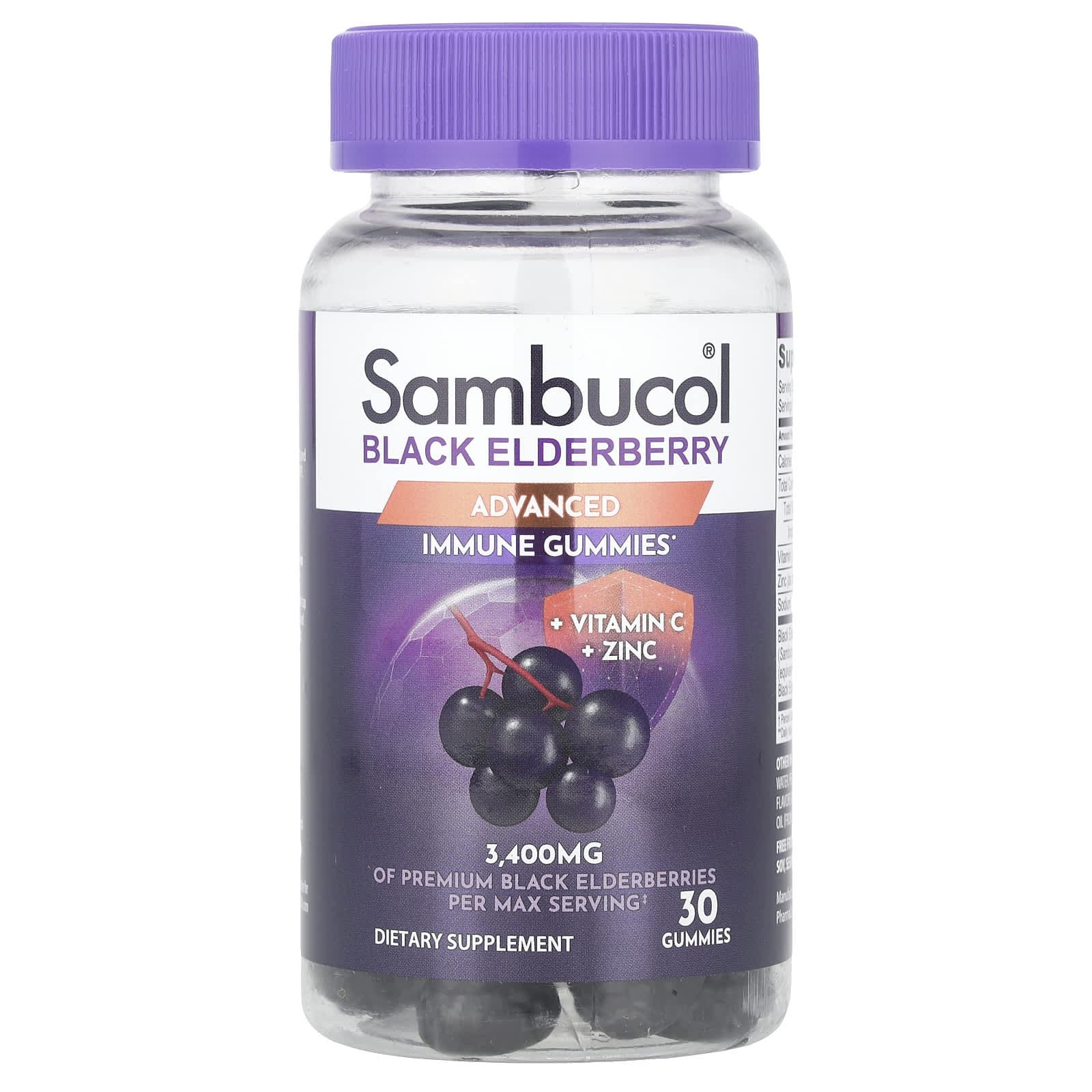 Sambucol, black elderberry, vitamin C and zinc, 30 gummies