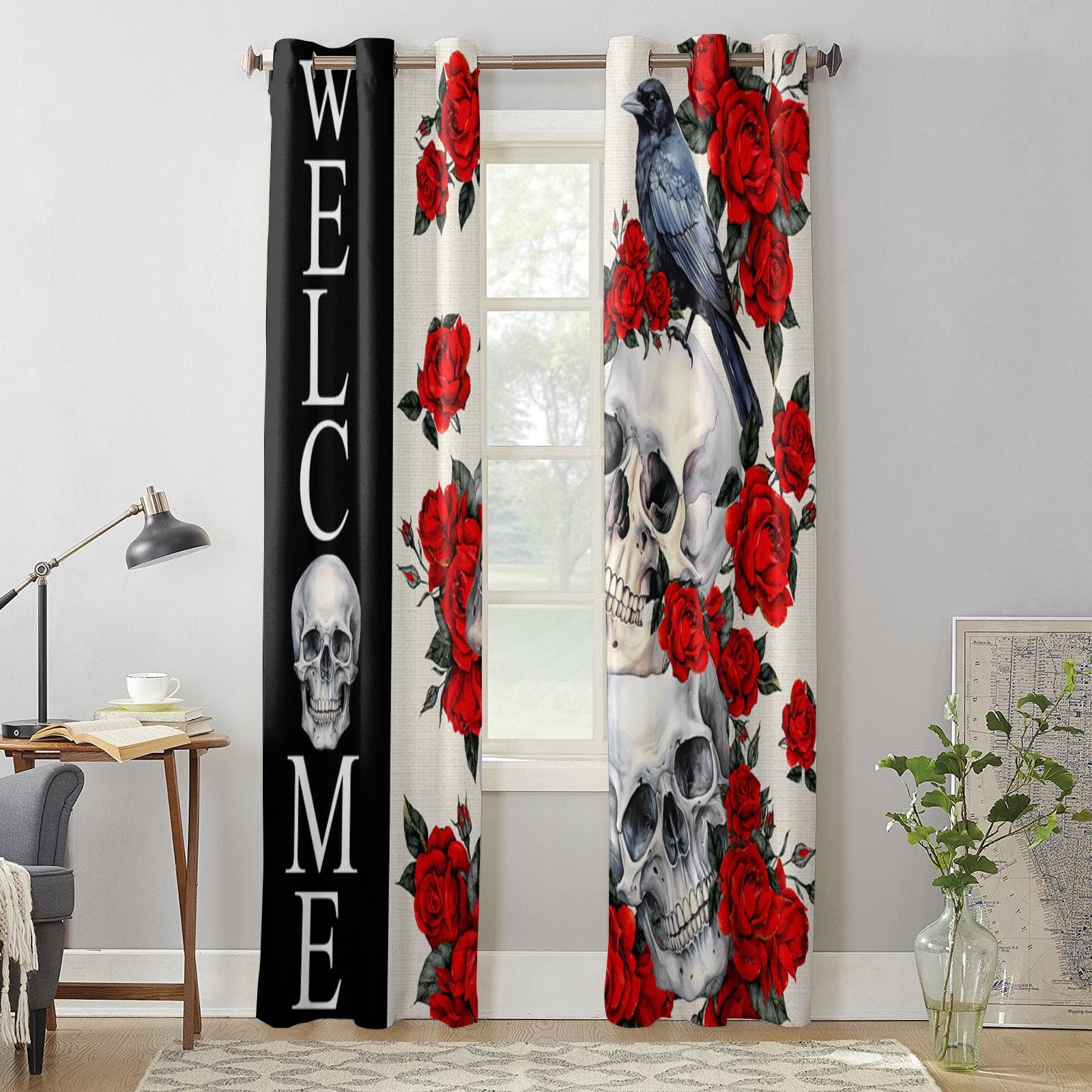 Halloween Skeleton Crow Red Rose Window Curtains for Living Room Bedroom Luxury Modern Kitchen Curtains Fabric Drapes 135W x 60H(cm) x1