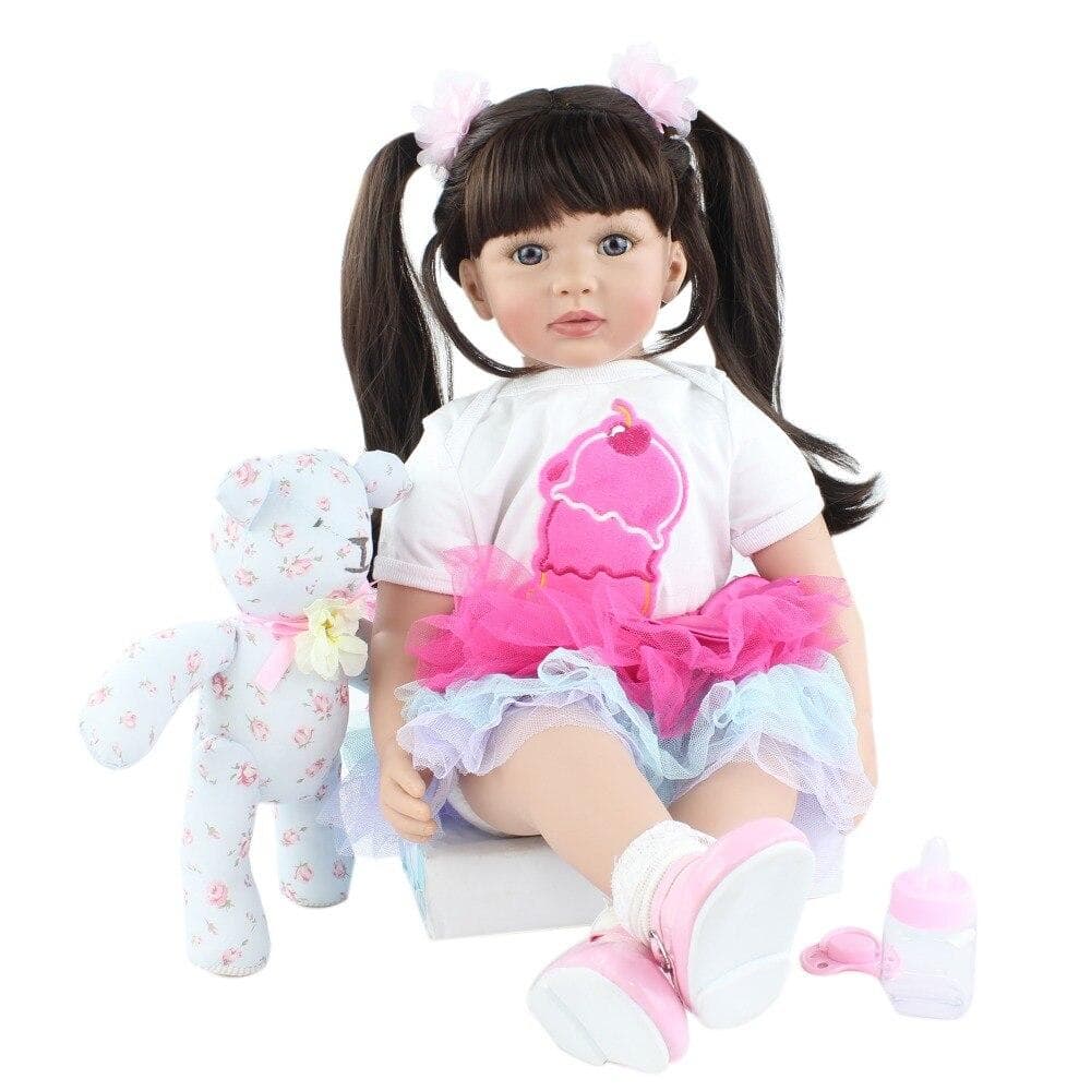 BZDOLL 60cm Silicone Reborn Baby Doll Toy For Girl 24 Inch Long Hair Princess Toddler With Bear Dress Up Play House Bebe Birthday Gift Brown Eyes, 60cm doll brown