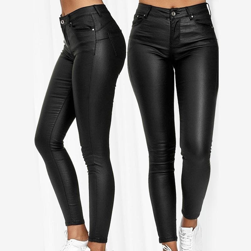 Women's Solid Color Stretch PU Leather Trousers Pencil Pants clothes sale S black