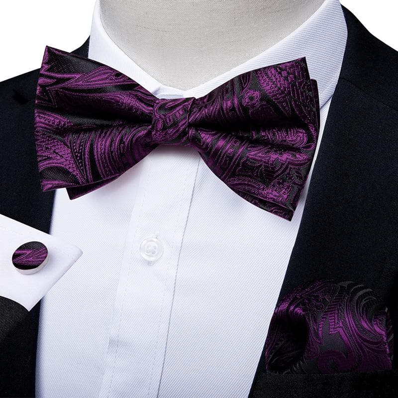 Mens Bow Tie Adjustable Pre-Tie Silk Red Blue Paisley Tie Handkerchief Cufflinks Set for Wedding Accessories 0173