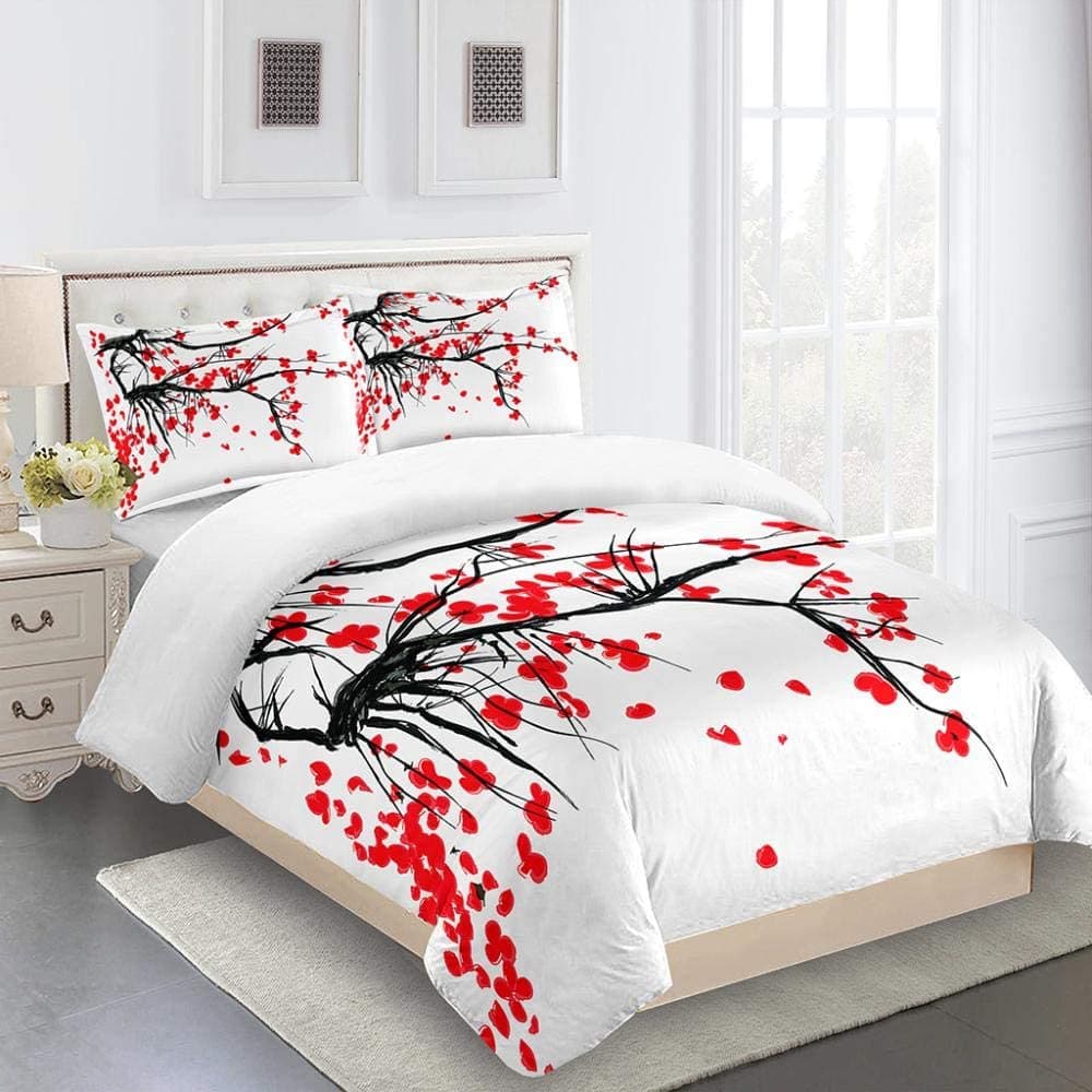 3D Bedding Set Botanical Red Pink Flowers Duvet Quilt Cover Set Comforter Cover Pillowcase King Queen Size Printed W90xL190cm