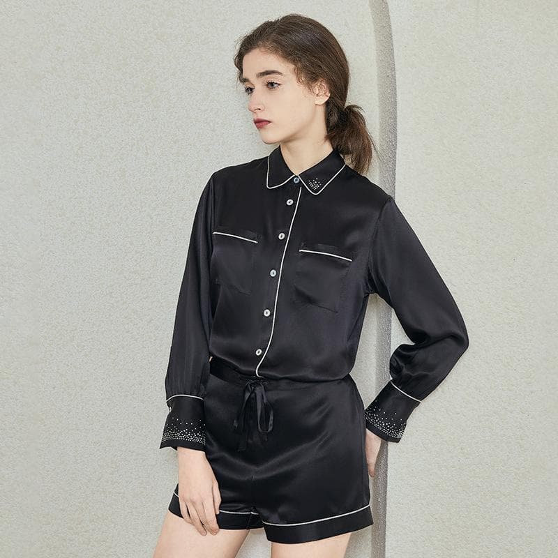 Casual Silk Diamond Pajamas Women's Mulberry Silk Button Long Sleeve Top + Shorts 2 Piece Lounge Wear Set XL